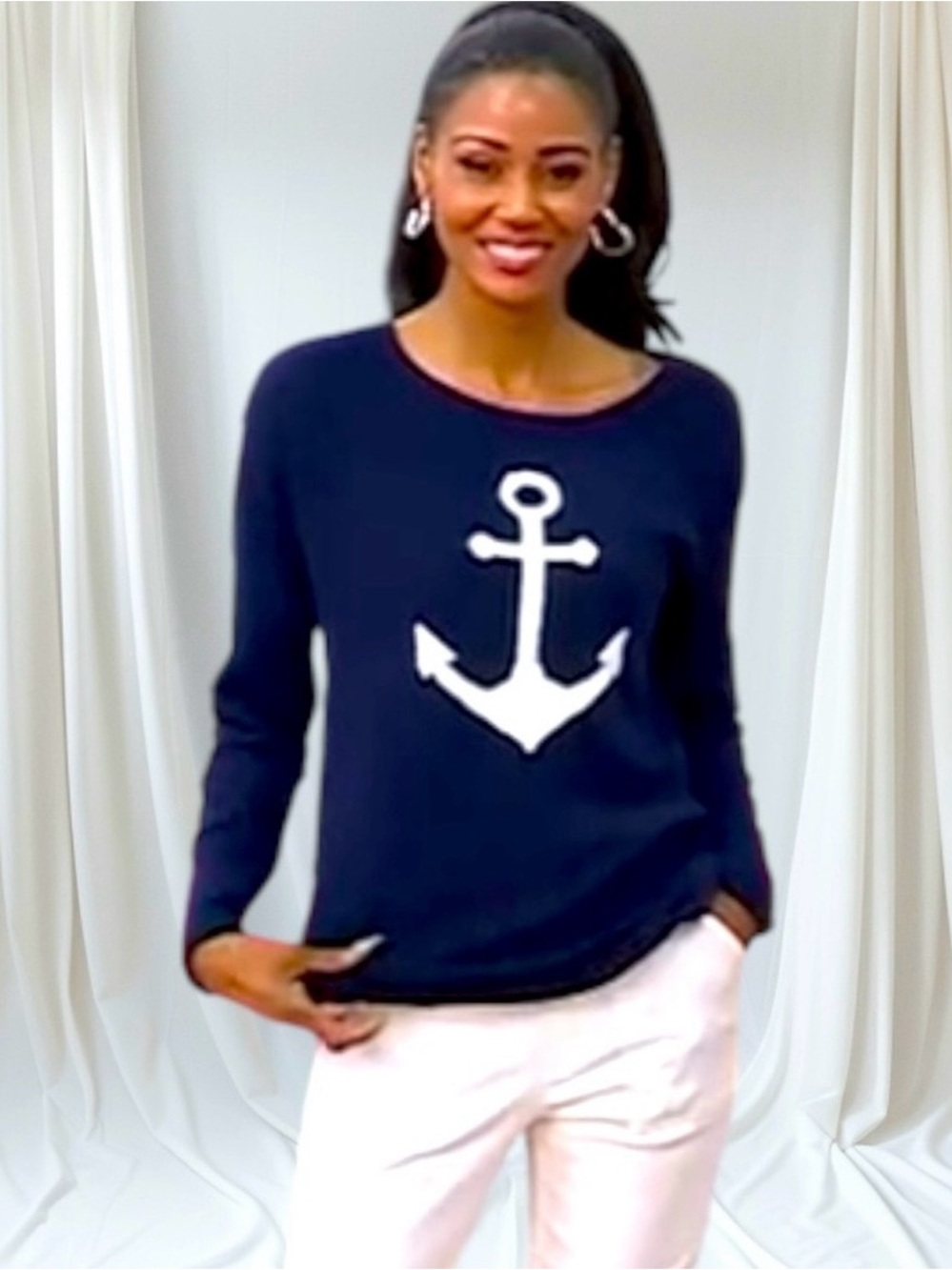 Belle Beach Navy Anchor Graphic Long-Sleeve Sweater, Size Small